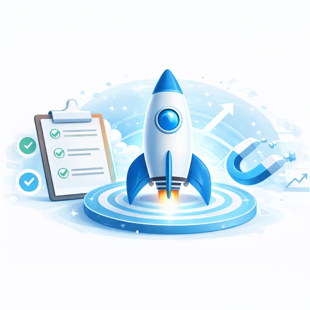 Rocket illustration showing business growth system with client acquisition, checklist, and lead generation elements