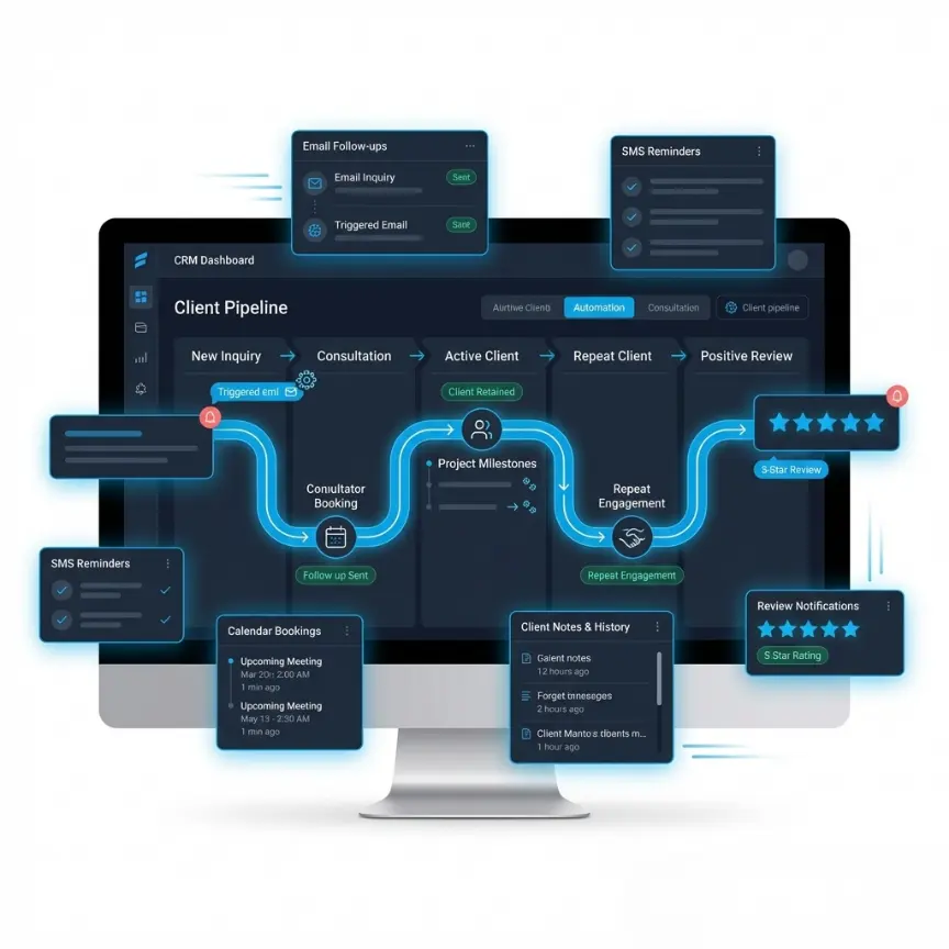 CRM system dashboard showing client pipeline, lead tracking, and automated follow ups to build long term client relationships