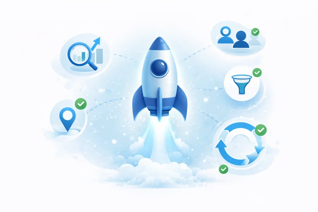 Rocket illustration showing local SEO growth with client acquisition, visibility, and repeat business icons