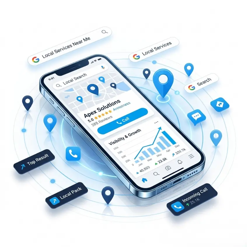 Local SEO service illustration showing Google Maps visibility, increased calls, and higher-quality leads for businesses