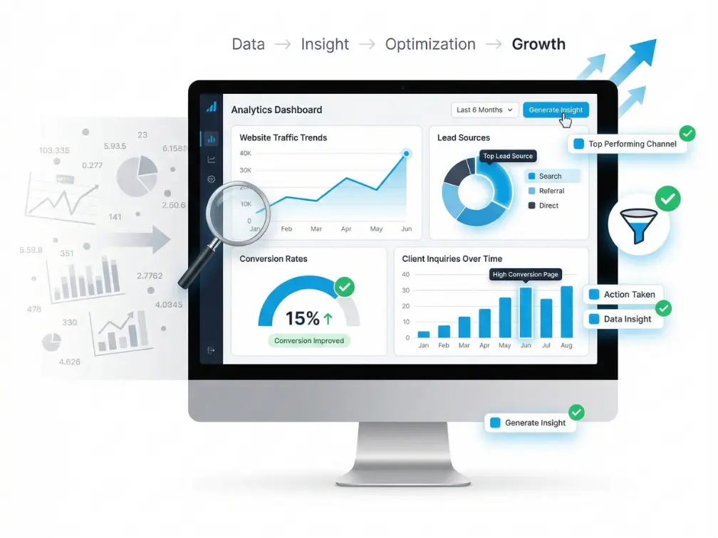 Website analytics dashboard showing tracking of user behavior, lead sources, and campaign performance for business growth