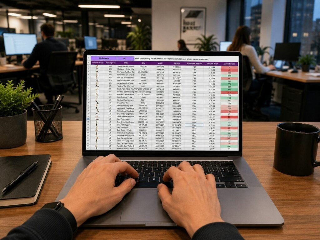 Hands typing on a laptop showing a list of customer leads